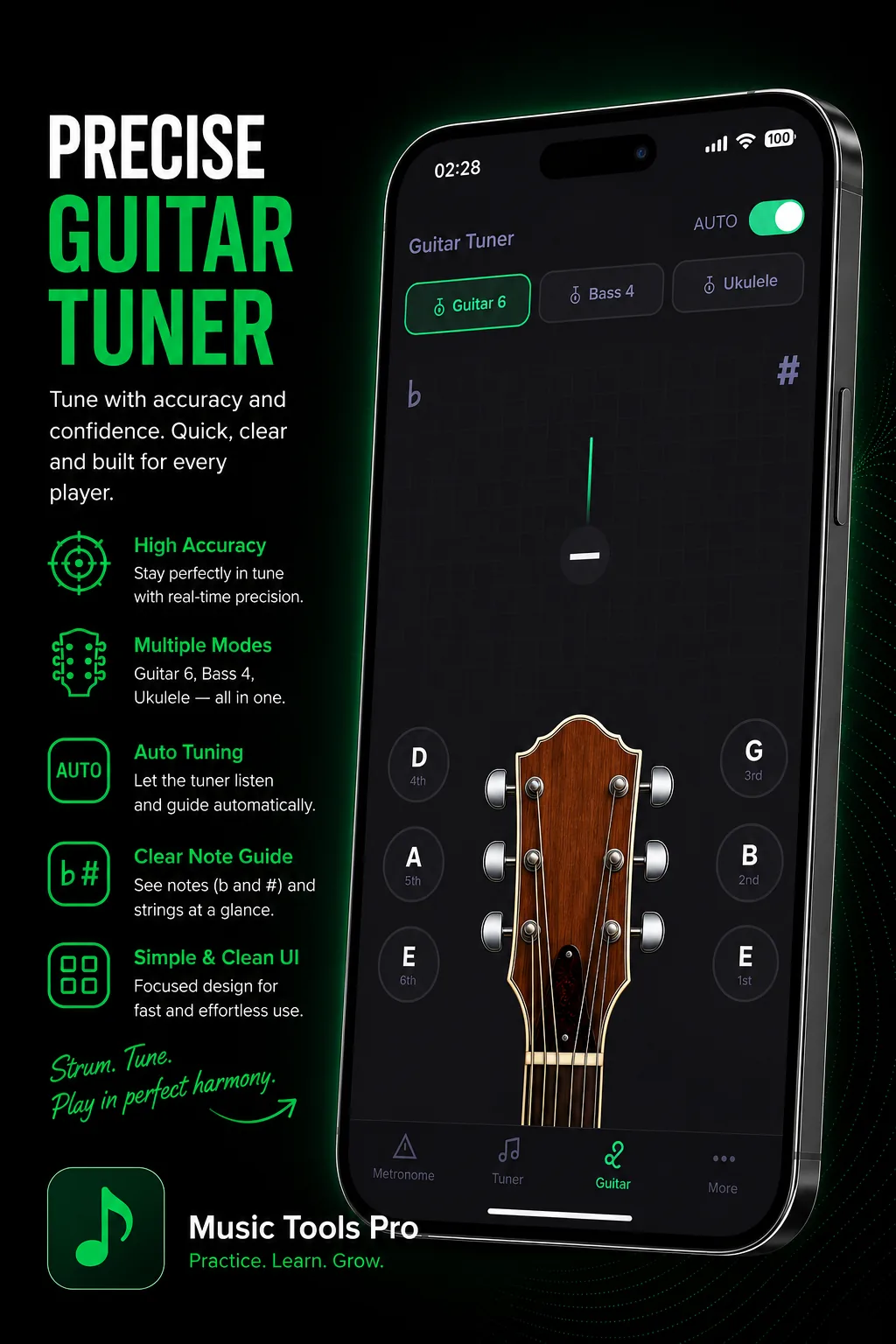 تیونر گیتار در اپ Music Tools Pro